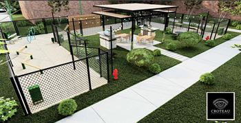 a rendering of a childrens play area in a yard with a fence and tables